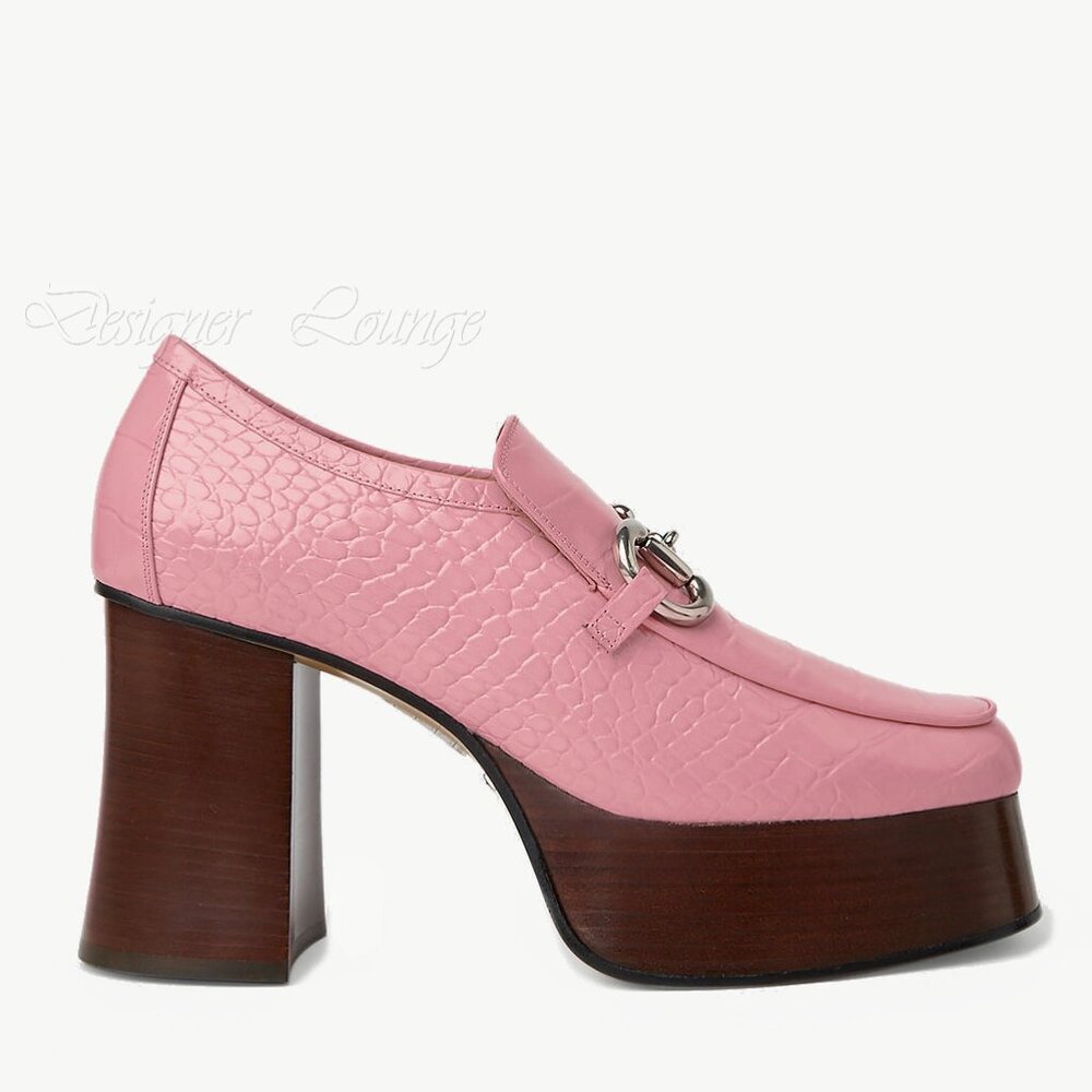 NEW GUCCI Horsebit Pink Croc Embossed Leather Platform Loafers EU 40.5 US 10.5 - Picture 9 of 10